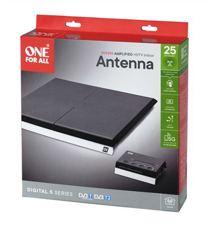 One For All SV9395-5G - Antenne intérieure TV numérique amplifiée Full HD avec filtre 5G, amplificateur externe et fixation murale